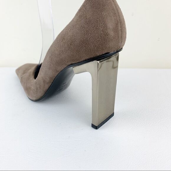 Diego Dolcini Taupe Suede Snip Toe Pumps Gold Heel - Picture 5 of 13